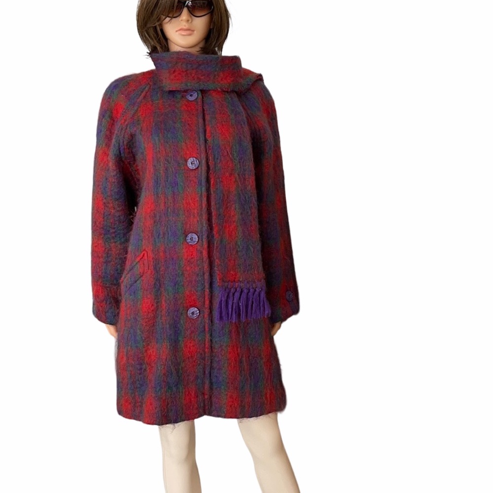 Vintage Donegal Irish Mohair Wool Plaid Sweater Coat Scarf Collar Size 16